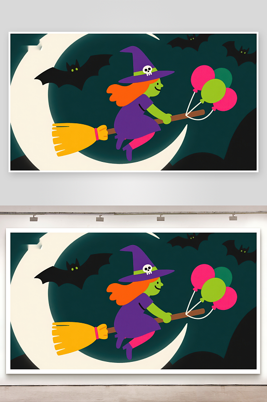 巫女骑扫帚手持气球夜空飞行-众图网