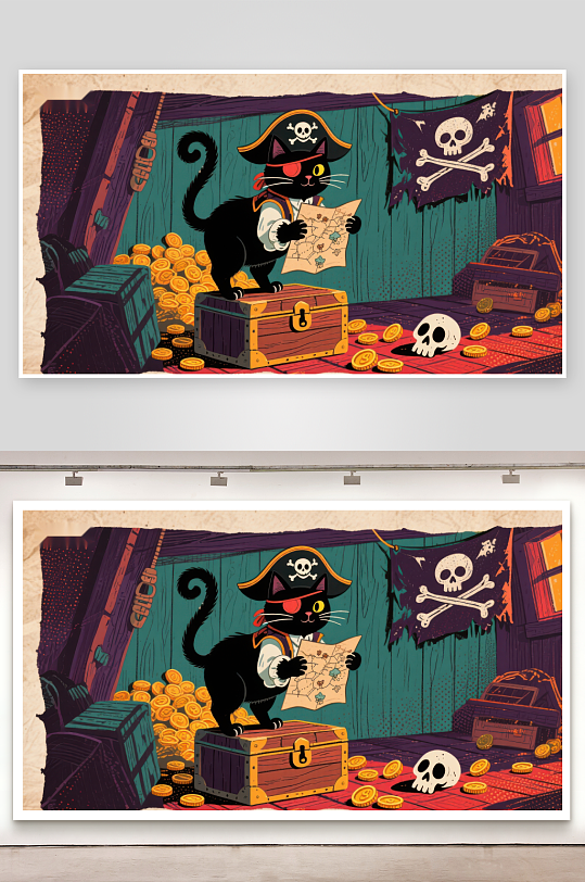 海盗猫查看藏宝图-众图网