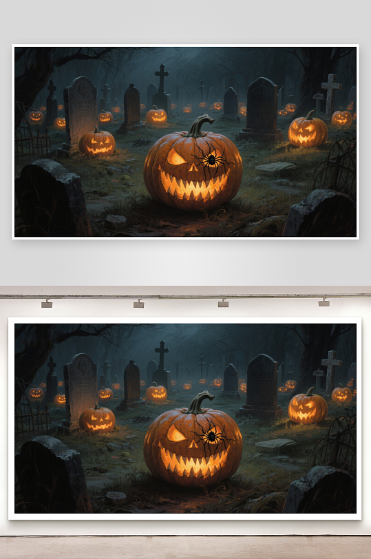 万圣节南瓜灯照亮的墓地夜景-众图网