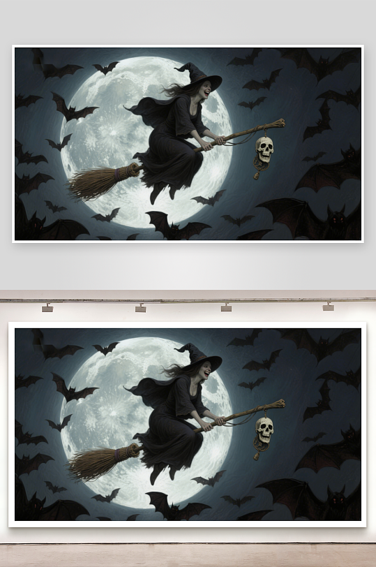 满月夜空中的女巫与蝙蝠-众图网