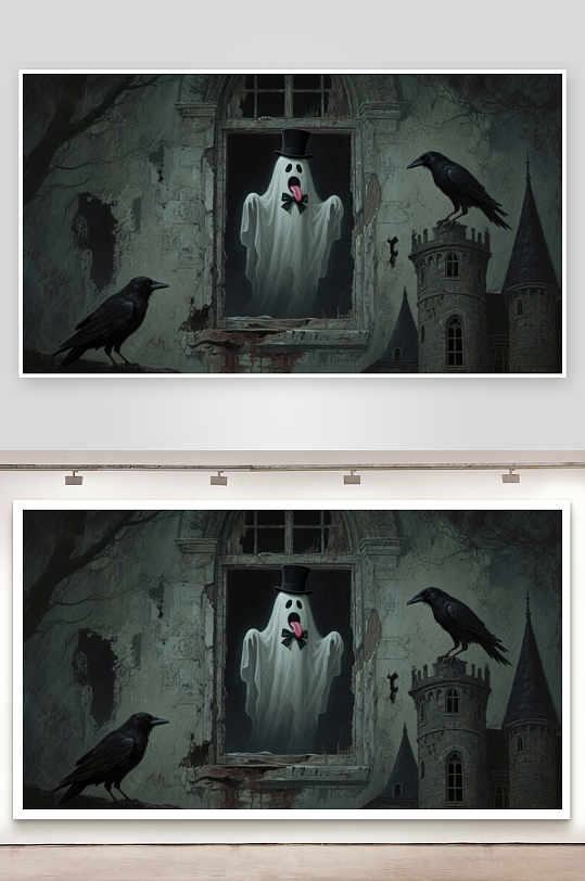 幽灵窗前惊叫乌鸦环绕古堡-众图网