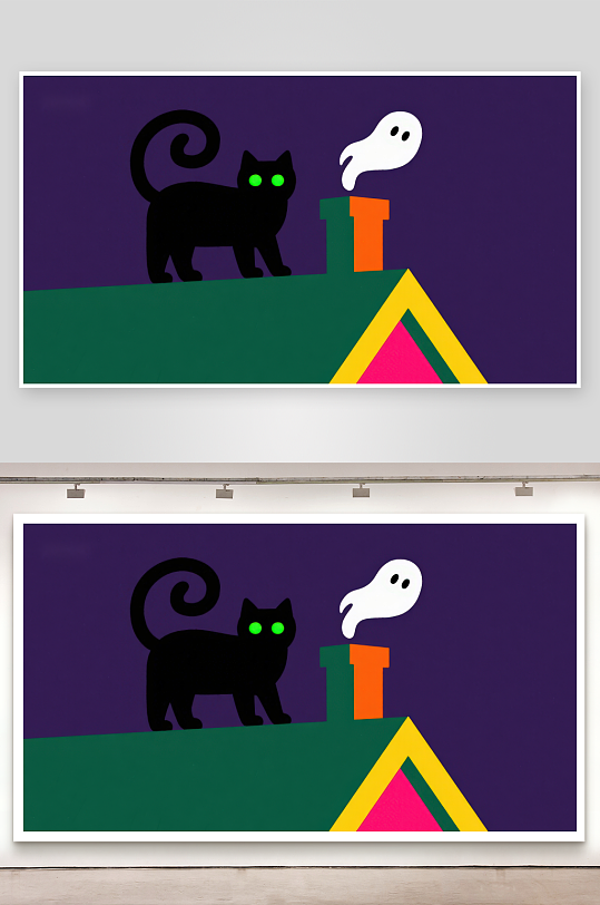 屋顶上的黑猫与幽灵-众图网