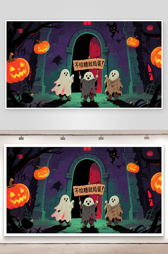 万圣节幽灵讨糖城堡前欢乐场景-众图网