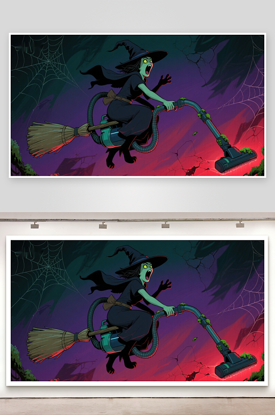 巫婆骑扫帚吸尘器飞行-众图网