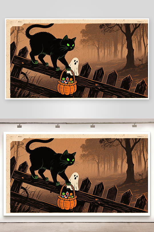 万圣节夜猫子与南瓜篮-众图网