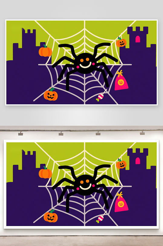 万圣节蜘蛛网与南瓜城堡插画-众图网