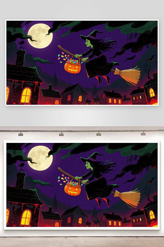 万圣夜巫女骑扫帚撒糖果-众图网