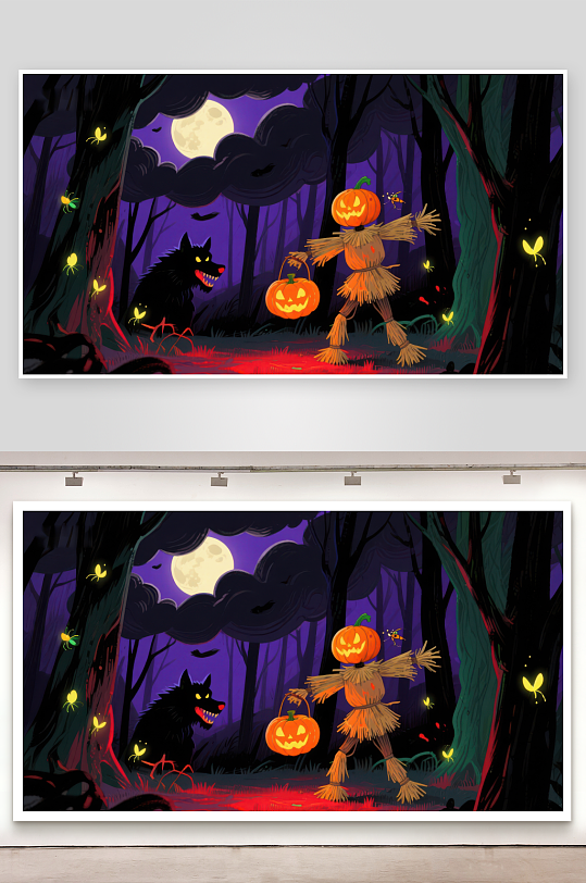 万圣节森林中的南瓜灯与狼-众图网