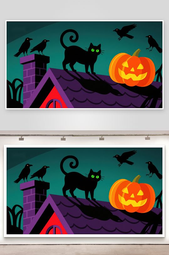 万圣夜屋顶上的黑猫与南瓜灯-众图网