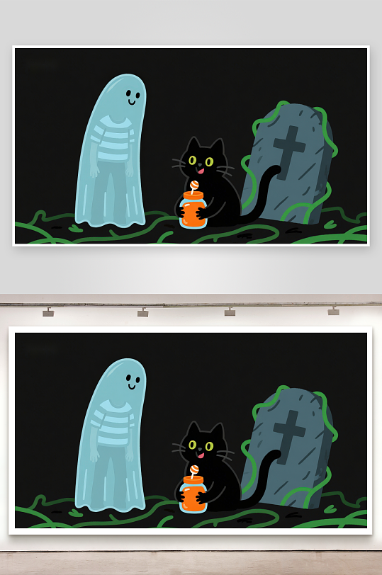 幽灵与黑猫在墓碑旁的万圣夜-众图网