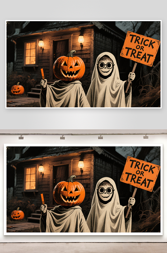 万圣节夜晚小鬼们手举南瓜灯和标语-众图网