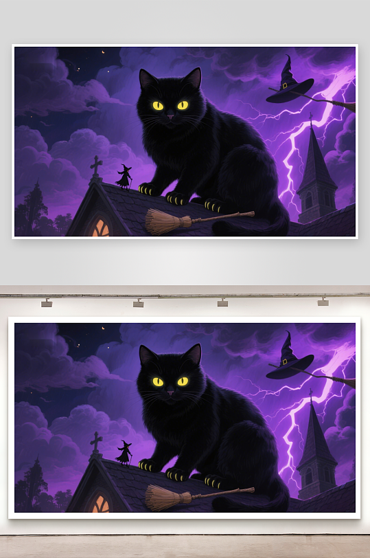 黑猫屋顶静坐闪电夜空巫帽飞舞-众图网