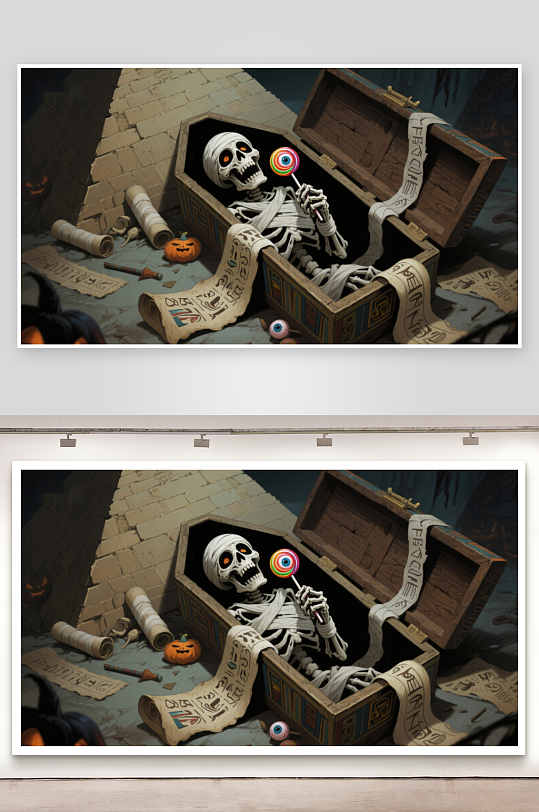 骷髅手握糖果躺于古墓棺材中-众图网