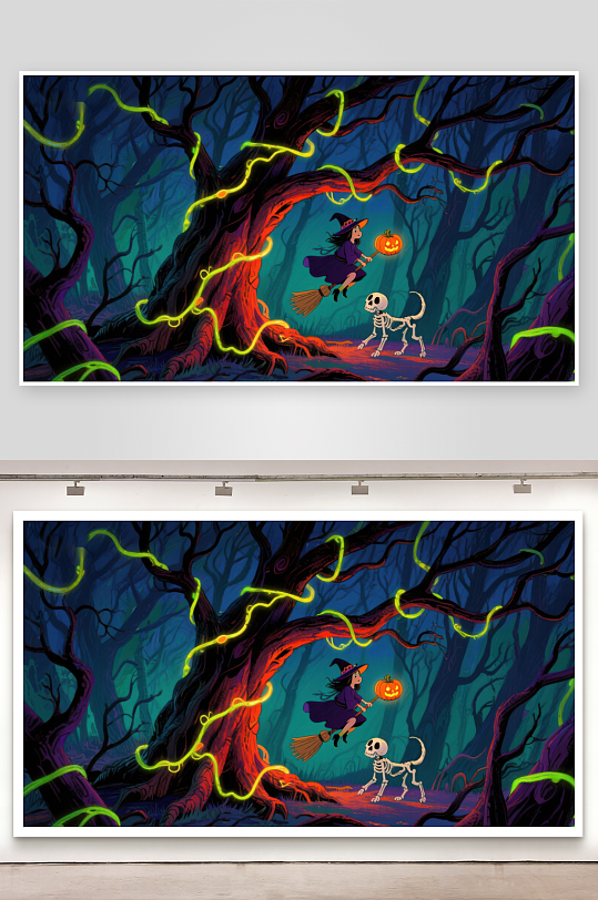 万圣夜森林中的女巫与骷髅-众图网