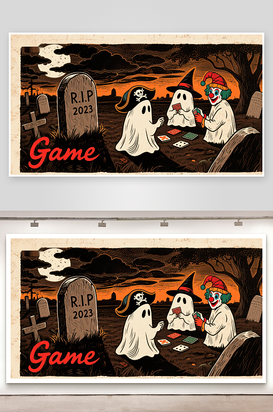 万圣节幽灵在墓地玩纸牌游戏-众图网