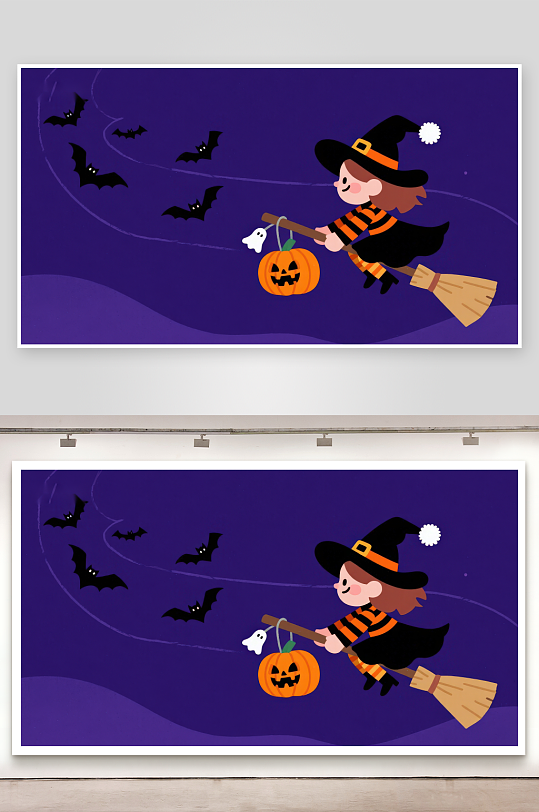 万圣节女巫骑扫帚携南瓜灯-众图网