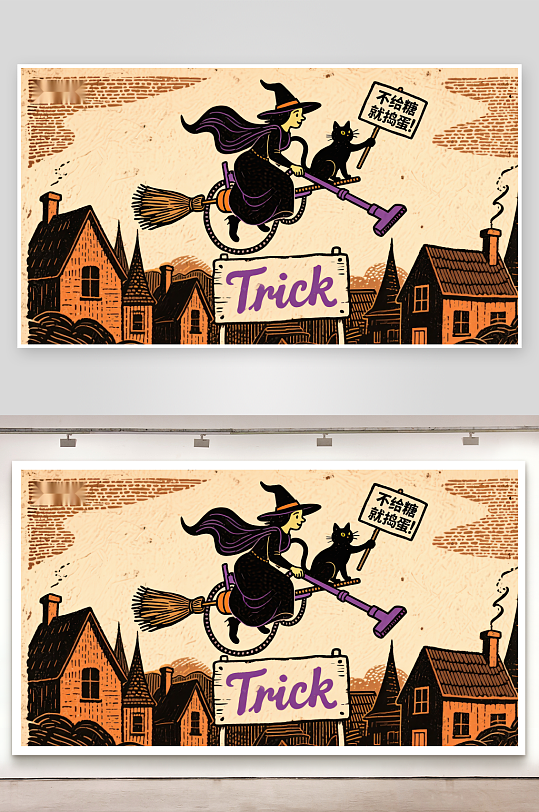 万圣节女巫骑扫帚飞行-众图网