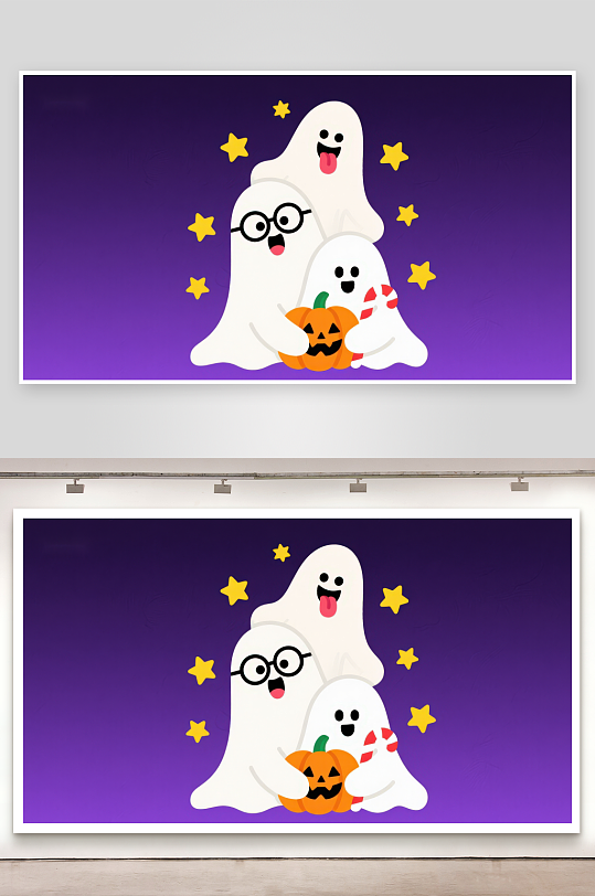欢乐万圣节萌趣幽灵与南瓜灯-众图网