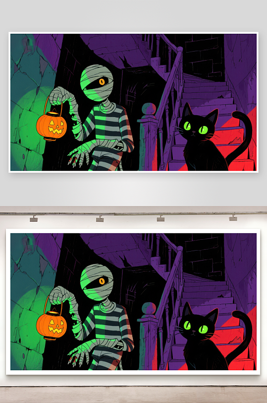 万圣节夜木乃伊与黑猫的神秘探险-众图网