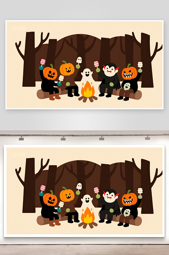 万圣节角色围坐篝火旁-众图网