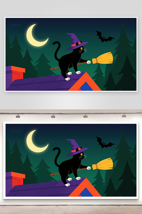 黑猫巫师帽骑扫帚夜景-众图网