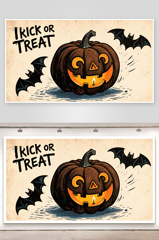 万圣节南瓜灯与蝙蝠插画-众图网