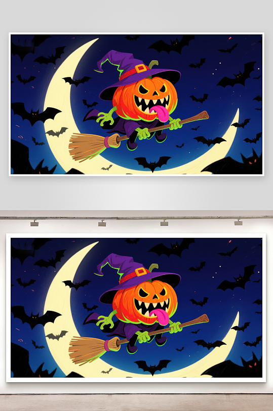 南瓜巫师骑扫帚夜空飞行-众图网