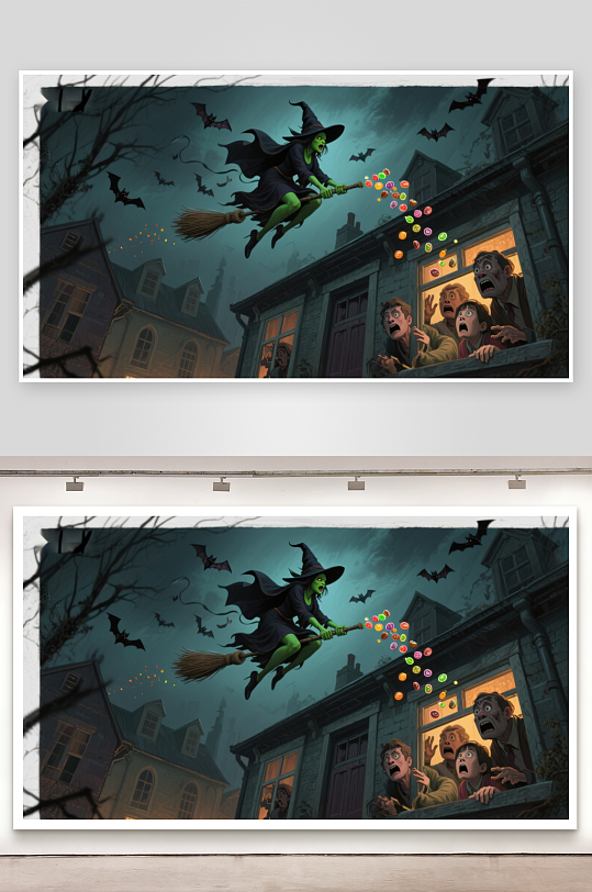 女巫夜空飞行糖果洒落惊吓居民-众图网
