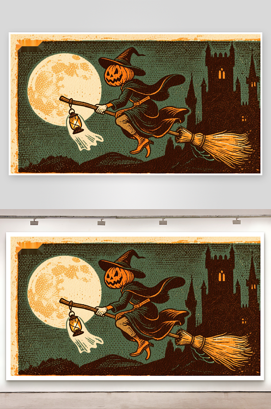 万圣夜巫师骑扫帚飞越城堡-众图网