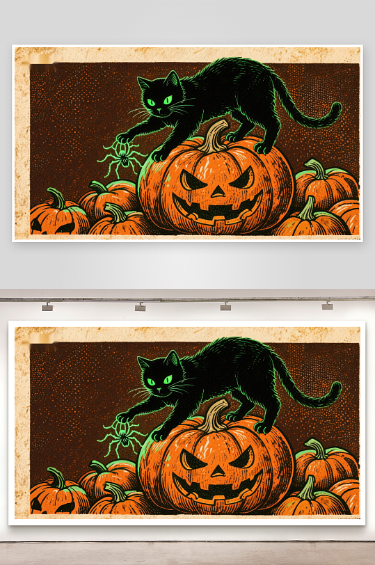 黑猫攀爬南瓜灯蜘蛛点缀-众图网