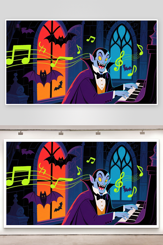 吸血鬼弹奏钢琴音符飞舞-众图网