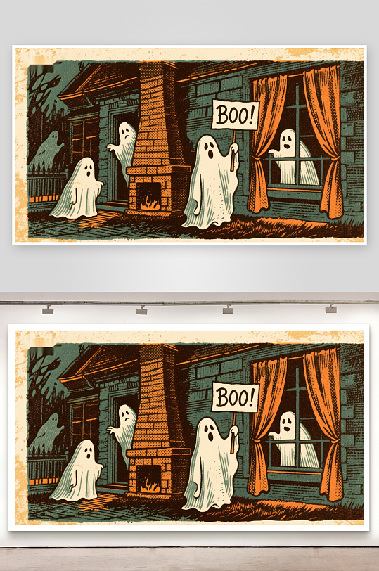 幽灵在夜晚的房屋前嬉戏-众图网