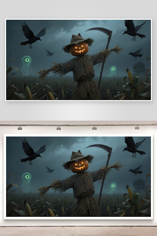 南瓜灯稻草人与乌鸦的神秘夜景-众图网
