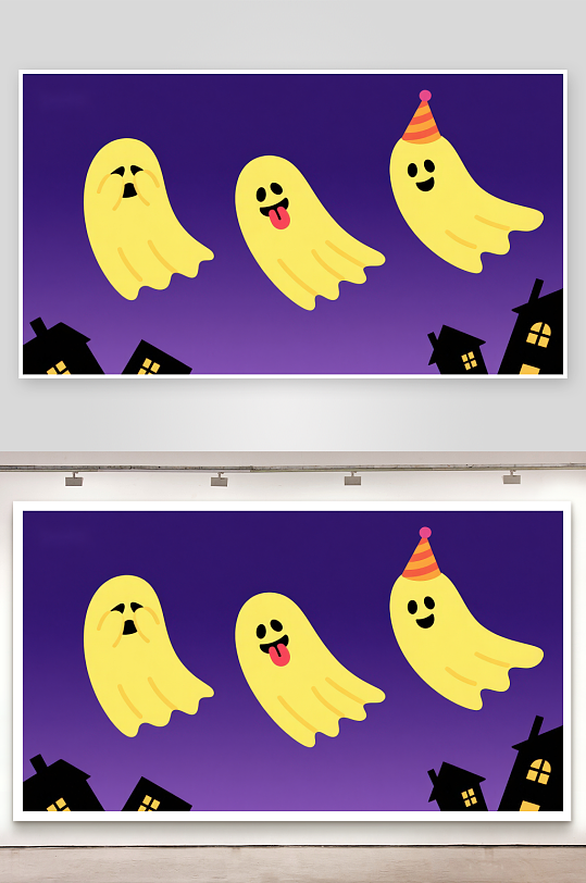 三只鬼魂在夜空中的欢乐场景-众图网