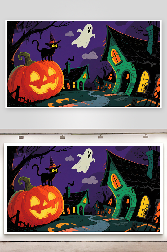 万圣节夜景南瓜灯幽灵与猫-众图网