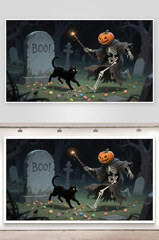 万圣节骷髅与黑猫在墓地嬉戏-众图网