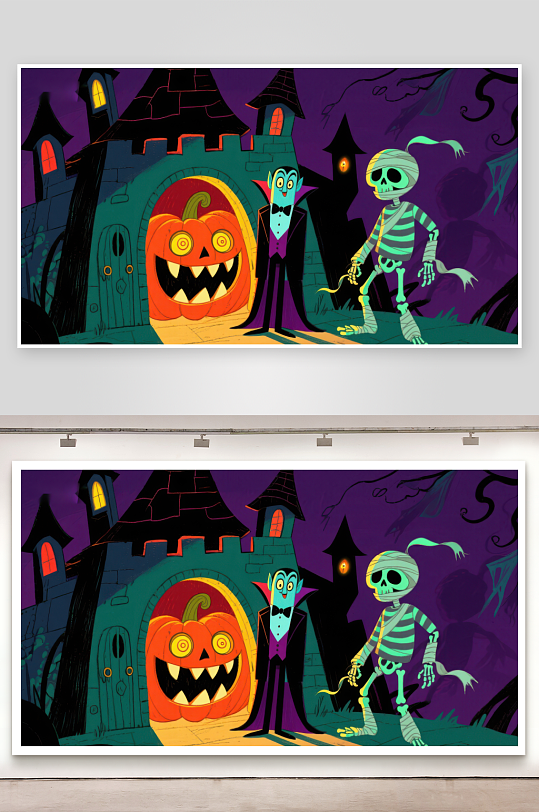 万圣节夜景南瓜灯吸血鬼与骷髅-众图网
