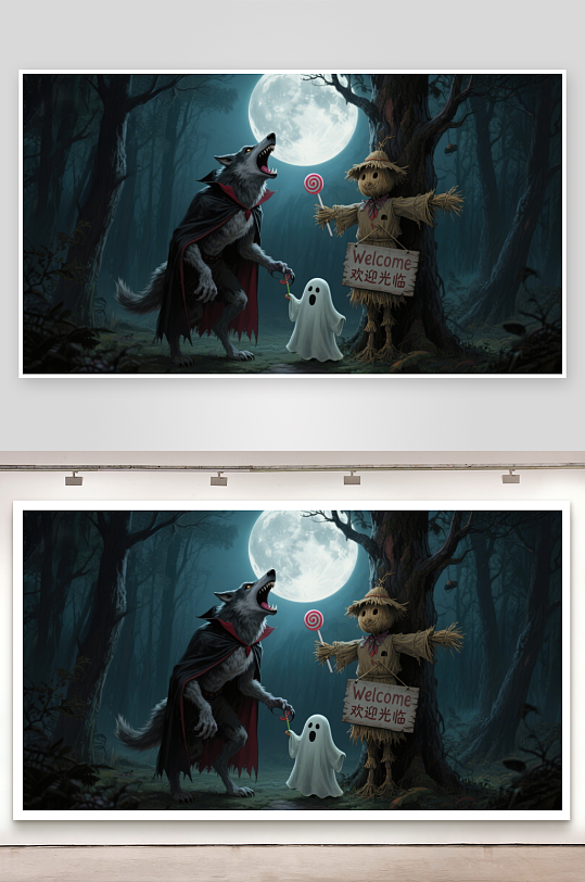 月夜森林中的狼人与稻草人-众图网