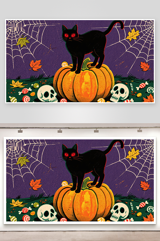 黑猫立于南瓜之上万圣节氛围浓厚-众图网