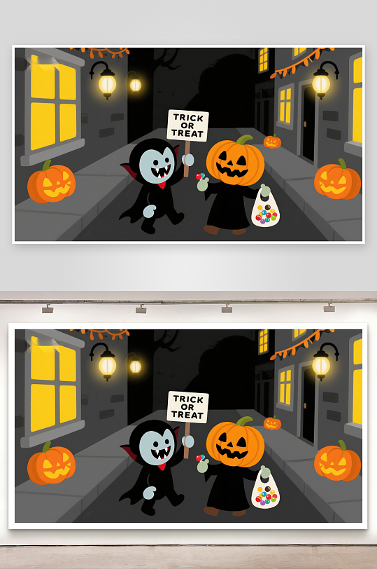 万圣节夜晚孩子们提着南瓜灯讨糖-众图网