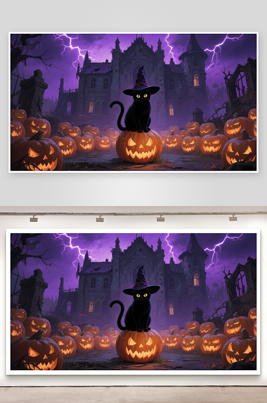 万圣夜黑猫与南瓜灯-众图网