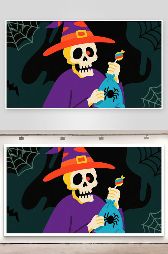 万圣节骷髅巫师手持糖果袋-众图网