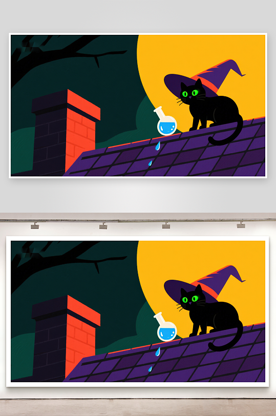 屋顶上的黑猫与魔法瓶-众图网