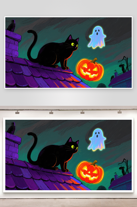 屋顶上的黑猫与南瓜灯-众图网