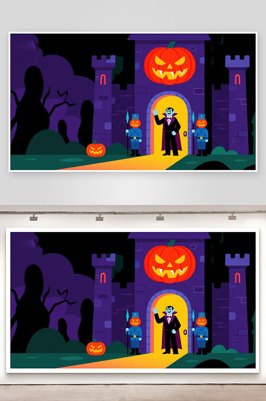 万圣节城堡前的吸血鬼与南瓜灯-众图网