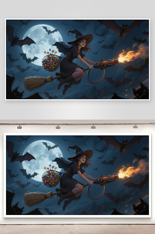 巫女骑帚喷火满月夜空蝙蝠飞-众图网