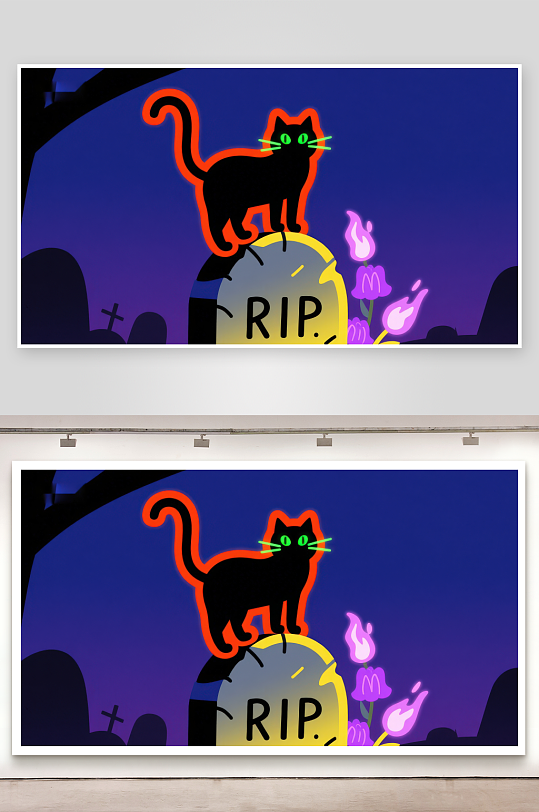 墓碑上的黑猫与幽灵花朵-众图网