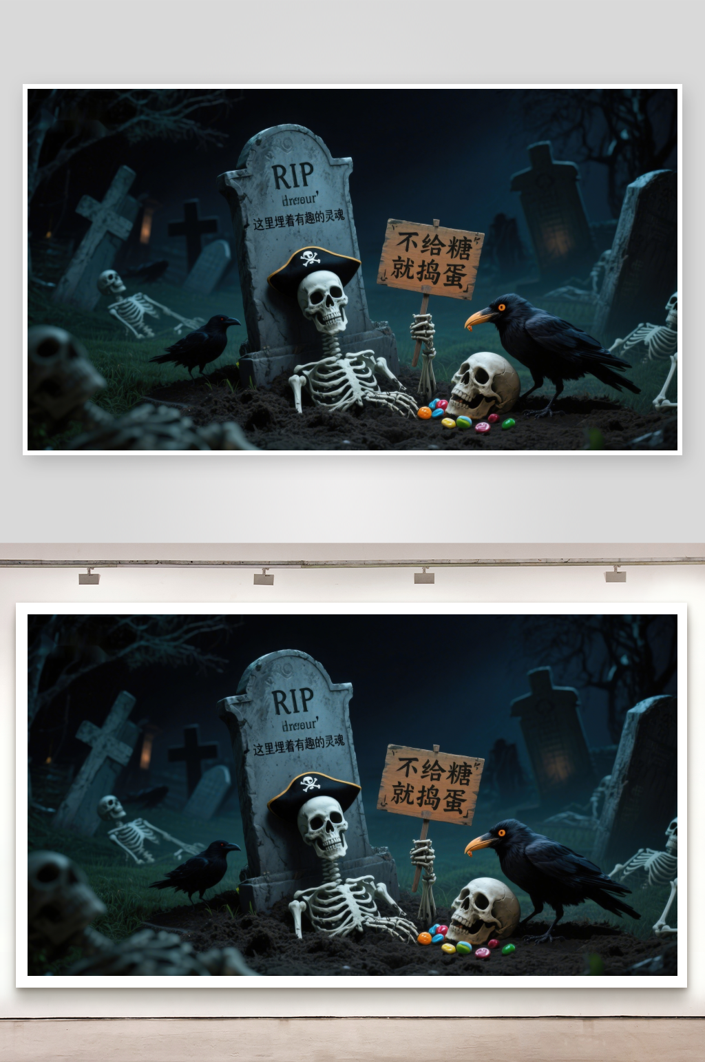 万圣节墓地场景骷髅与糖果素材