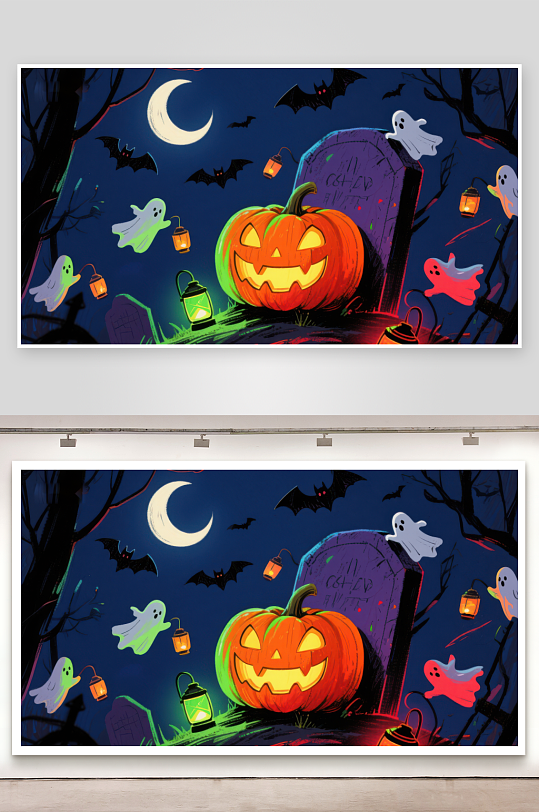 万圣夜墓地南瓜灯与幽灵-众图网