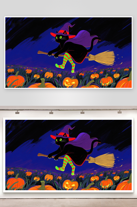 万圣夜猫巫骑扫帚飞过南瓜田-众图网
